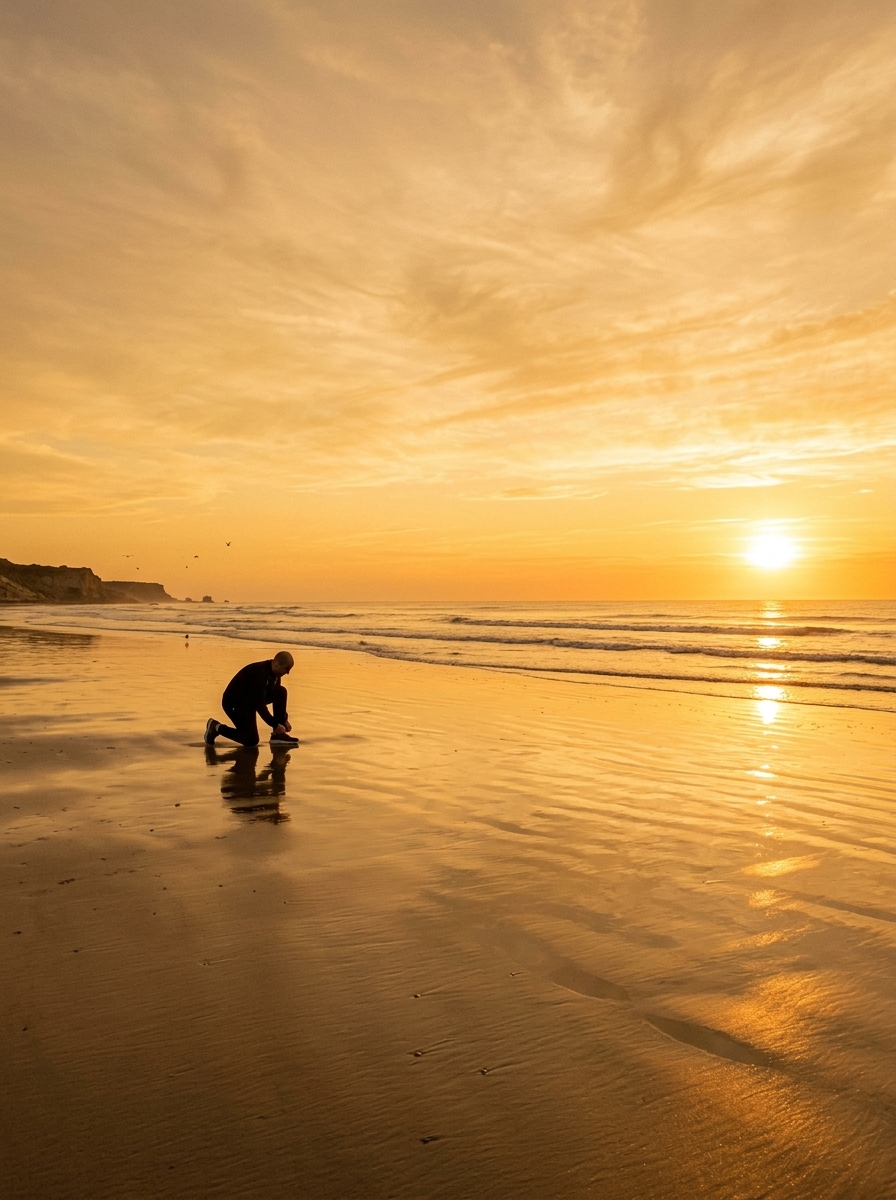 Fotografía editorial - Timoteo en la playa al amanecer atándose los cordones